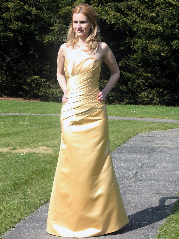 Gold satin bridesmaids dress fit and flare style 8304