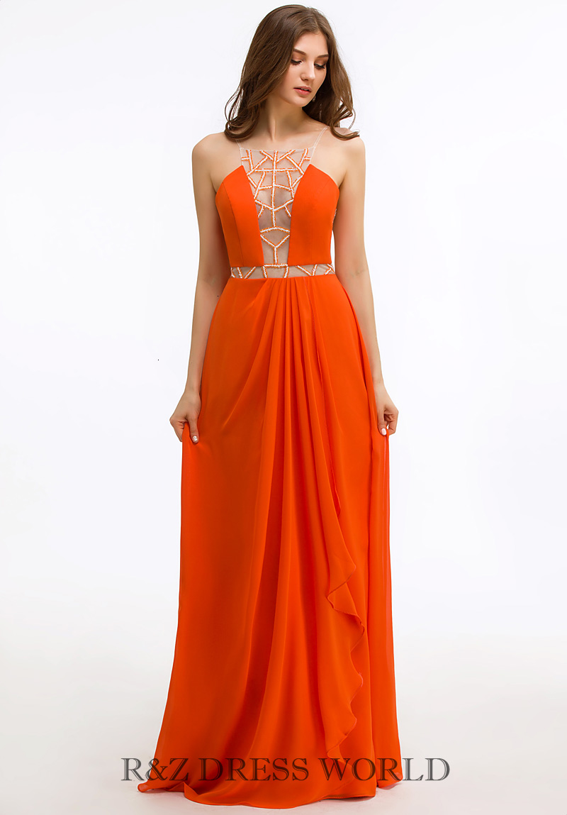 (image for) Orange chiffon dress with open V neck front - Click Image to Close