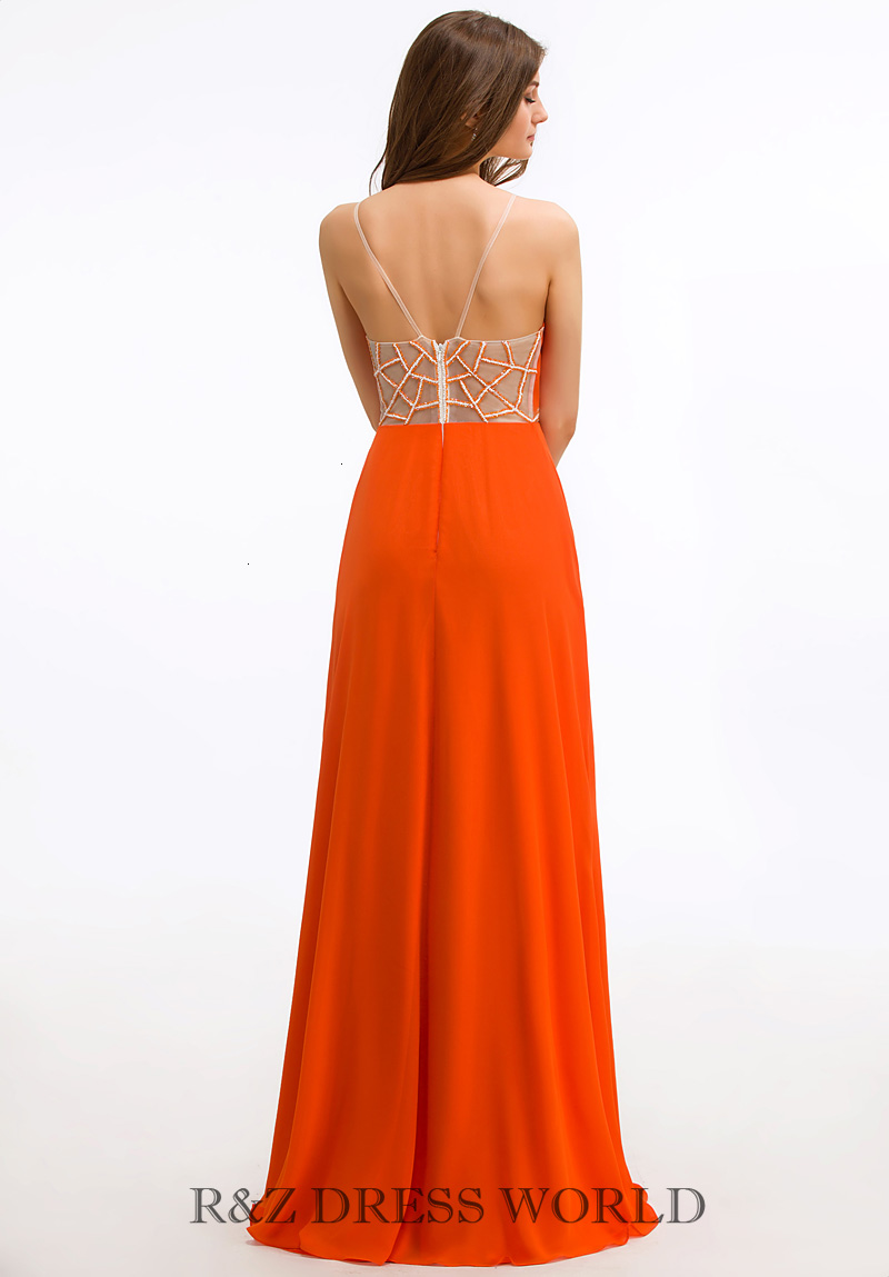 (image for) Orange chiffon dress with open V neck front - Click Image to Close