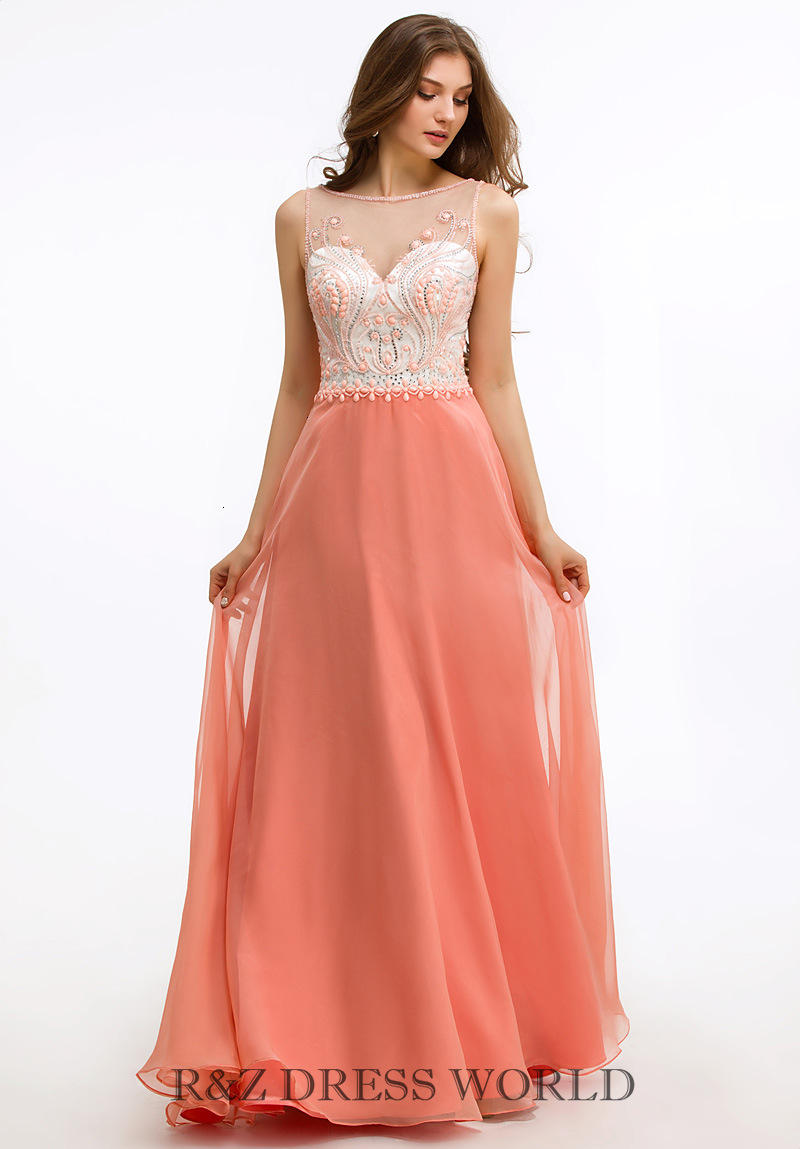 (image for) Coral chiffon dress with illusion neckline