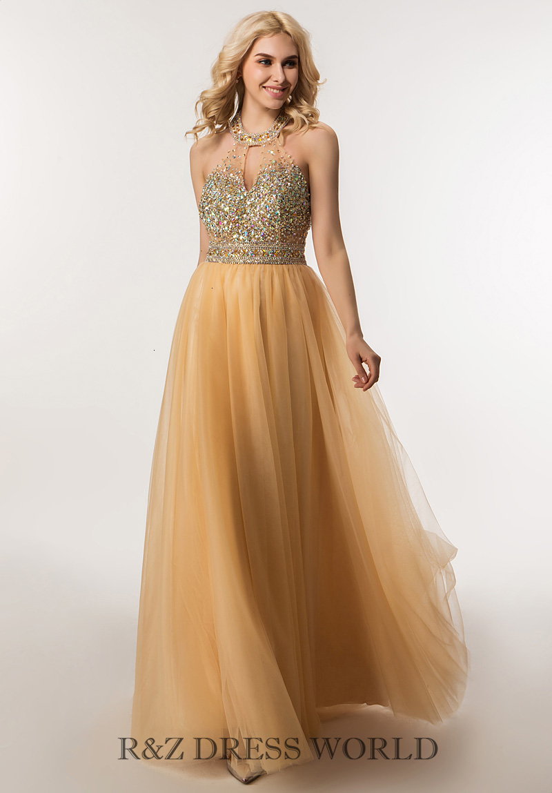 Champagne halternect prom dress with full beading bodice