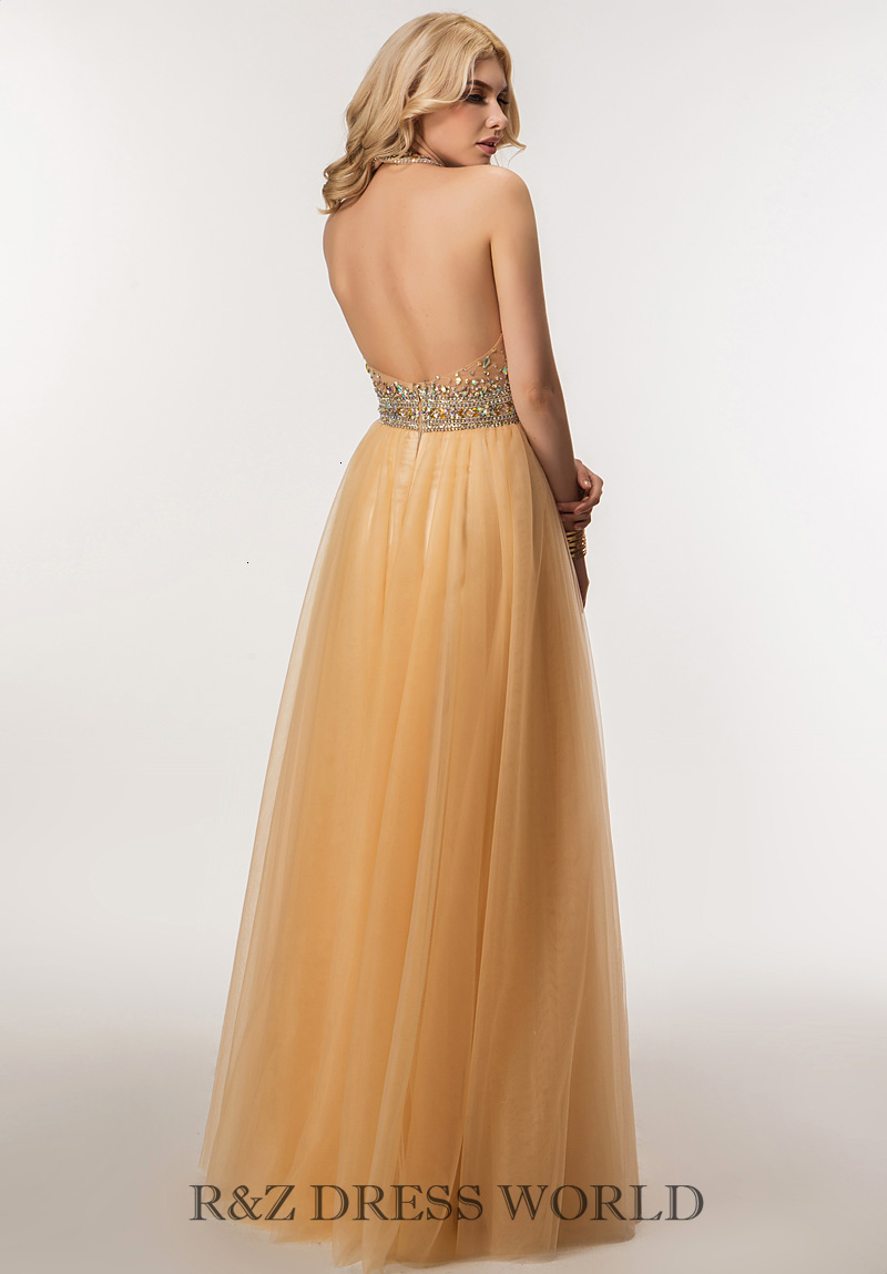 (image for) Champagne halternect prom dress with full beading bodice - Click Image to Close