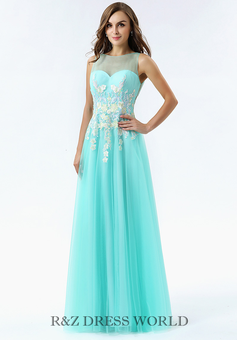 (image for) Turquoise chiffon dress with illusion neckline