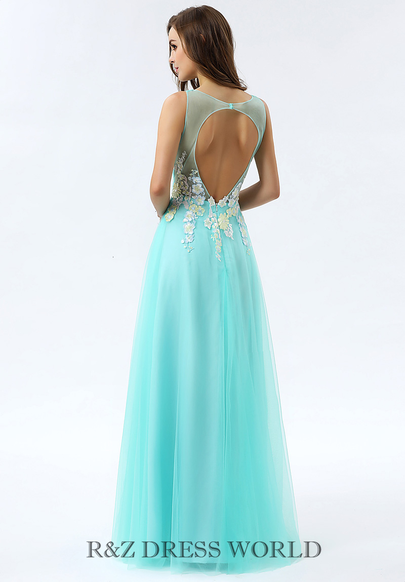 (image for) Turquoise chiffon dress with illusion neckline - Click Image to Close