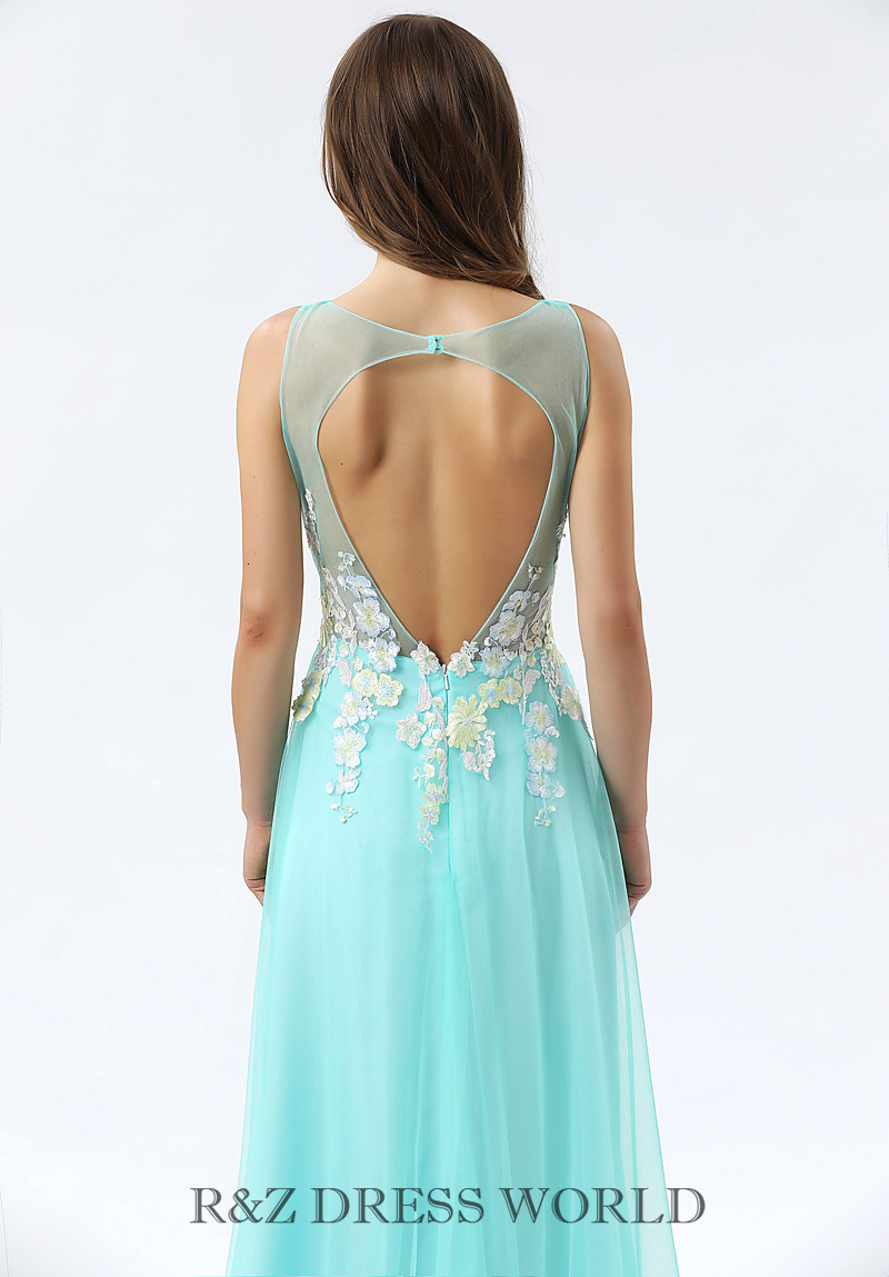 (image for) Turquoise chiffon dress with illusion neckline - Click Image to Close