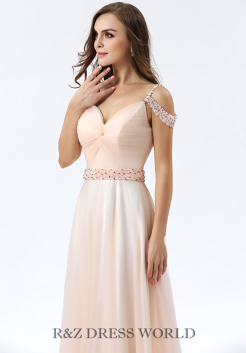 (image for) Pale pink chiffon dress with full beading offer shoulder straps - Click Image to Close