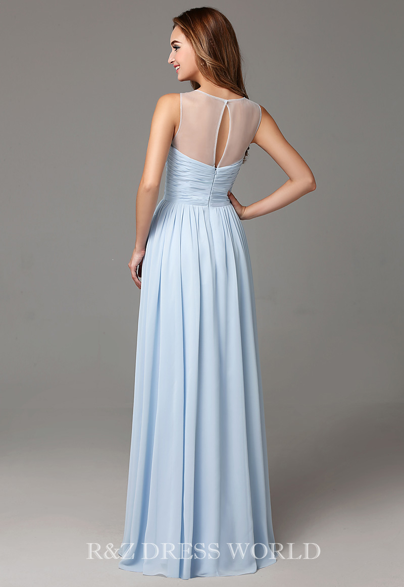 (image for) Pale blue chiffon dress with illusion neckline - Click Image to Close