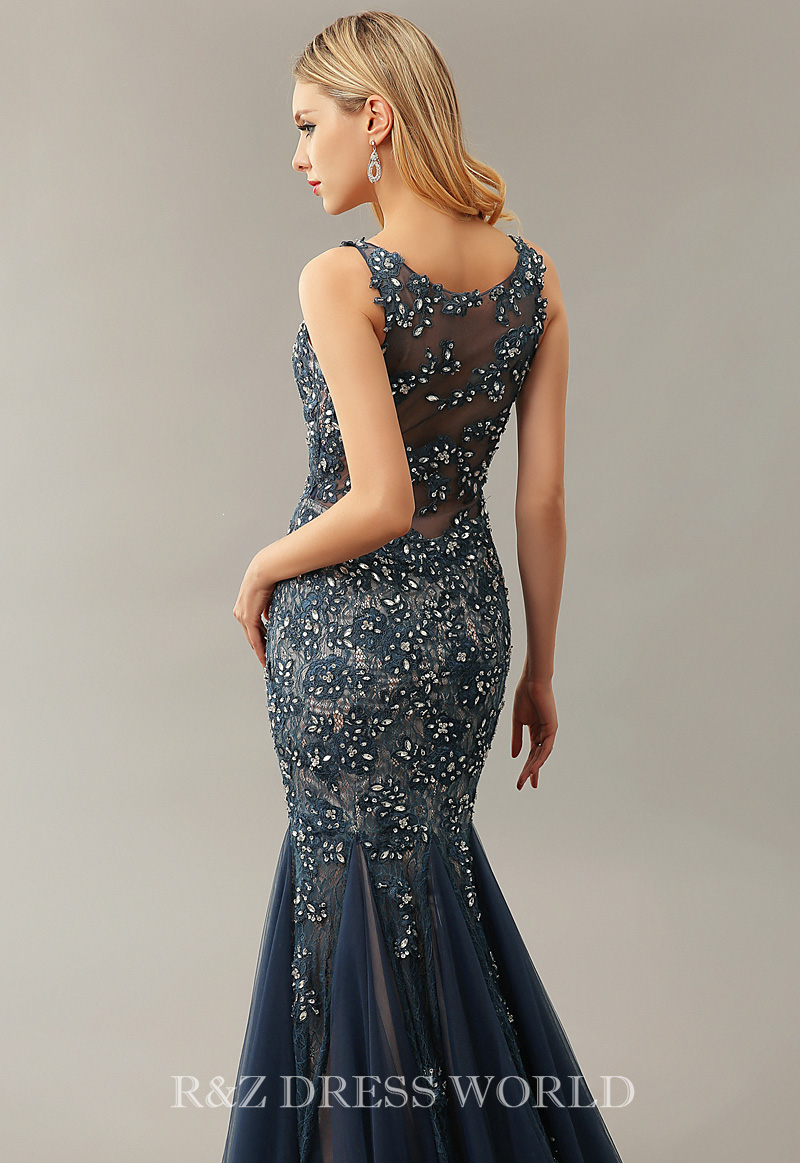 (image for) Navy lace mermaid dress with full beading - Click Image to Close