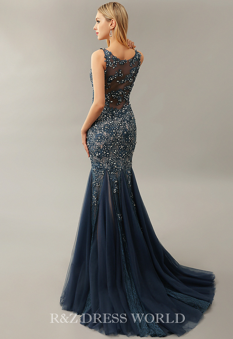 (image for) Navy lace mermaid dress with full beading - Click Image to Close