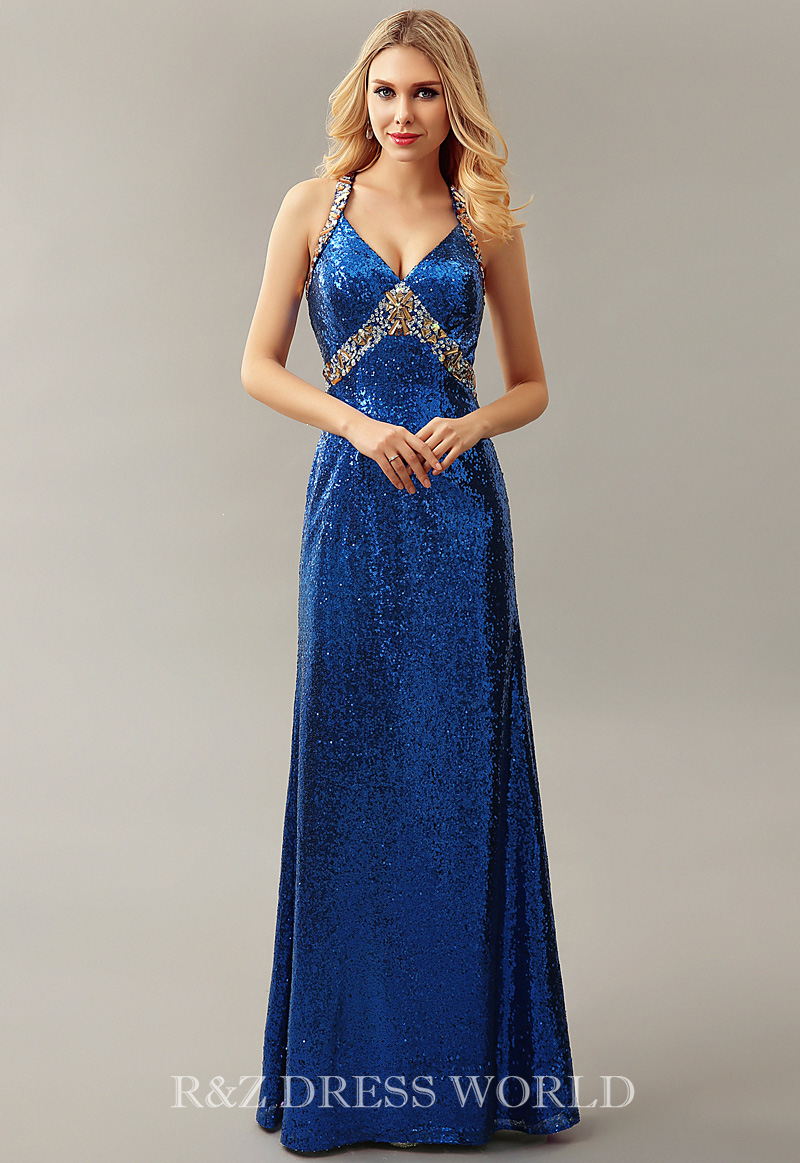 (image for) Blue sequins halternect prom dress