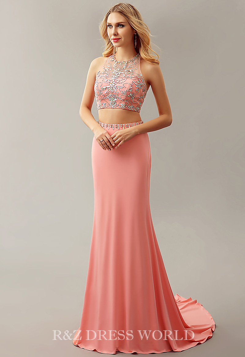 (image for) Coral two piece dress with illusion neckline - Click Image to Close