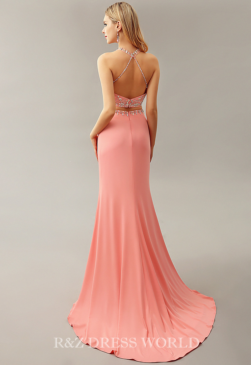 (image for) Coral two piece dress with illusion neckline - Click Image to Close