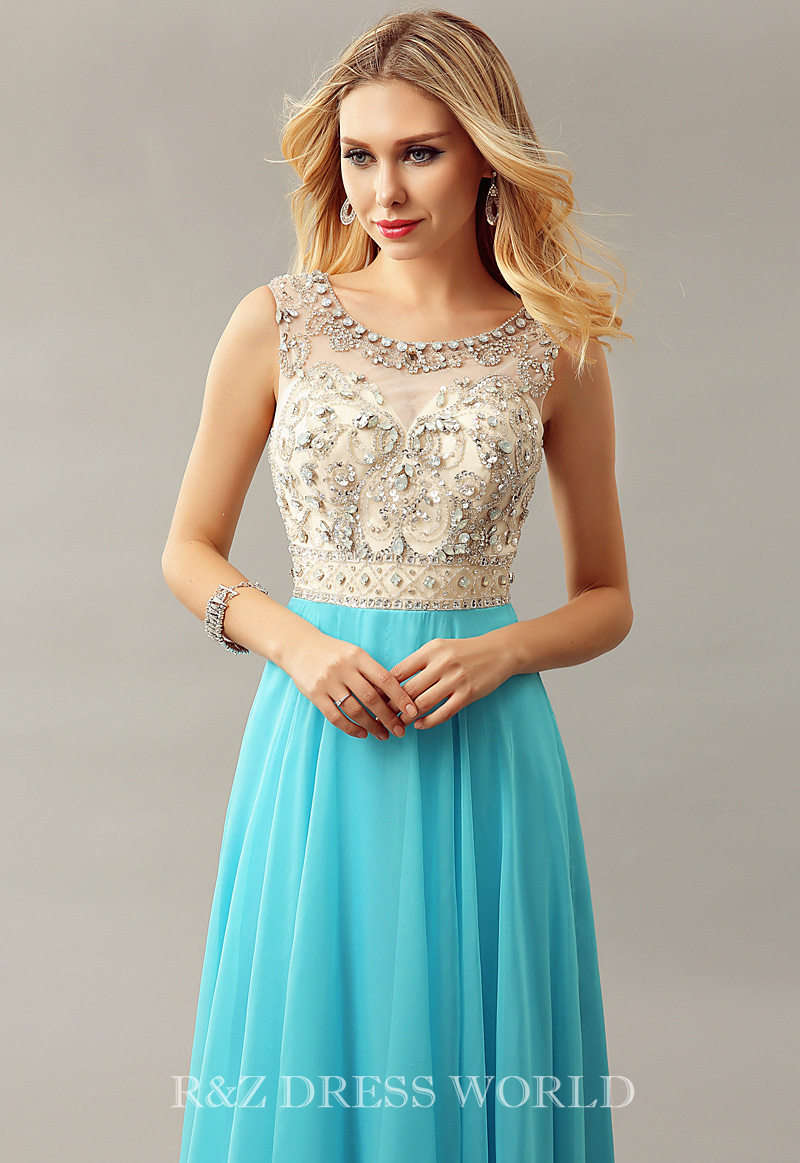 (image for) Turquoise chiffon prom dress with full skirt - Click Image to Close
